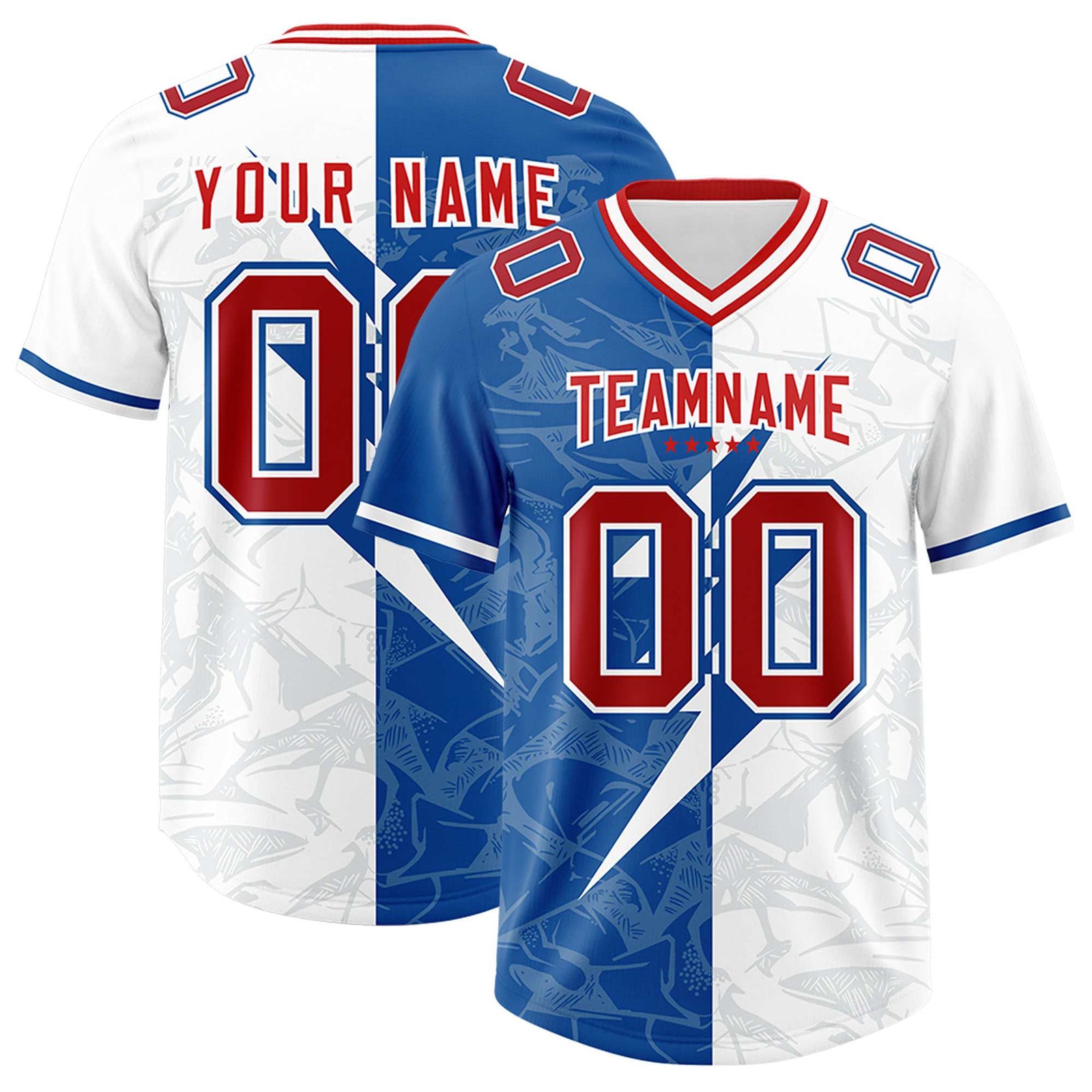 Custom White Royal Split Personalized Lightning Pattern Football Jersey