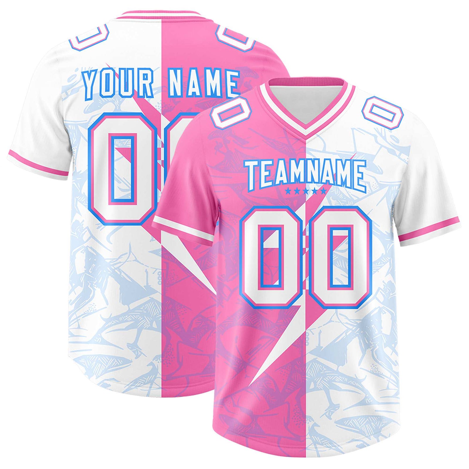 Custom White Pink Split Personalized Lightning Pattern Football Jersey