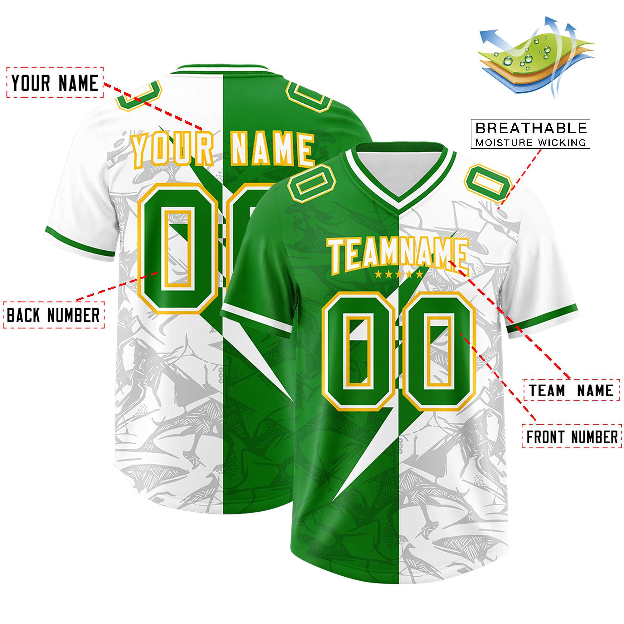 Custom Kelly Green White Split Personalized Lightning Pattern Football Jersey