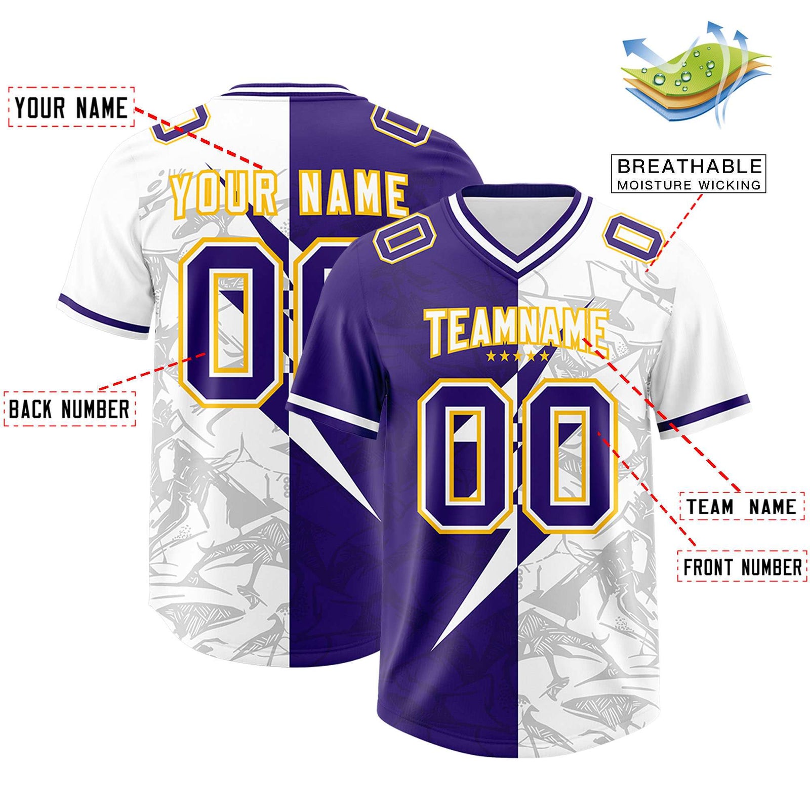 Custom Purple White Split Personalized Lightning Pattern Football Jersey
