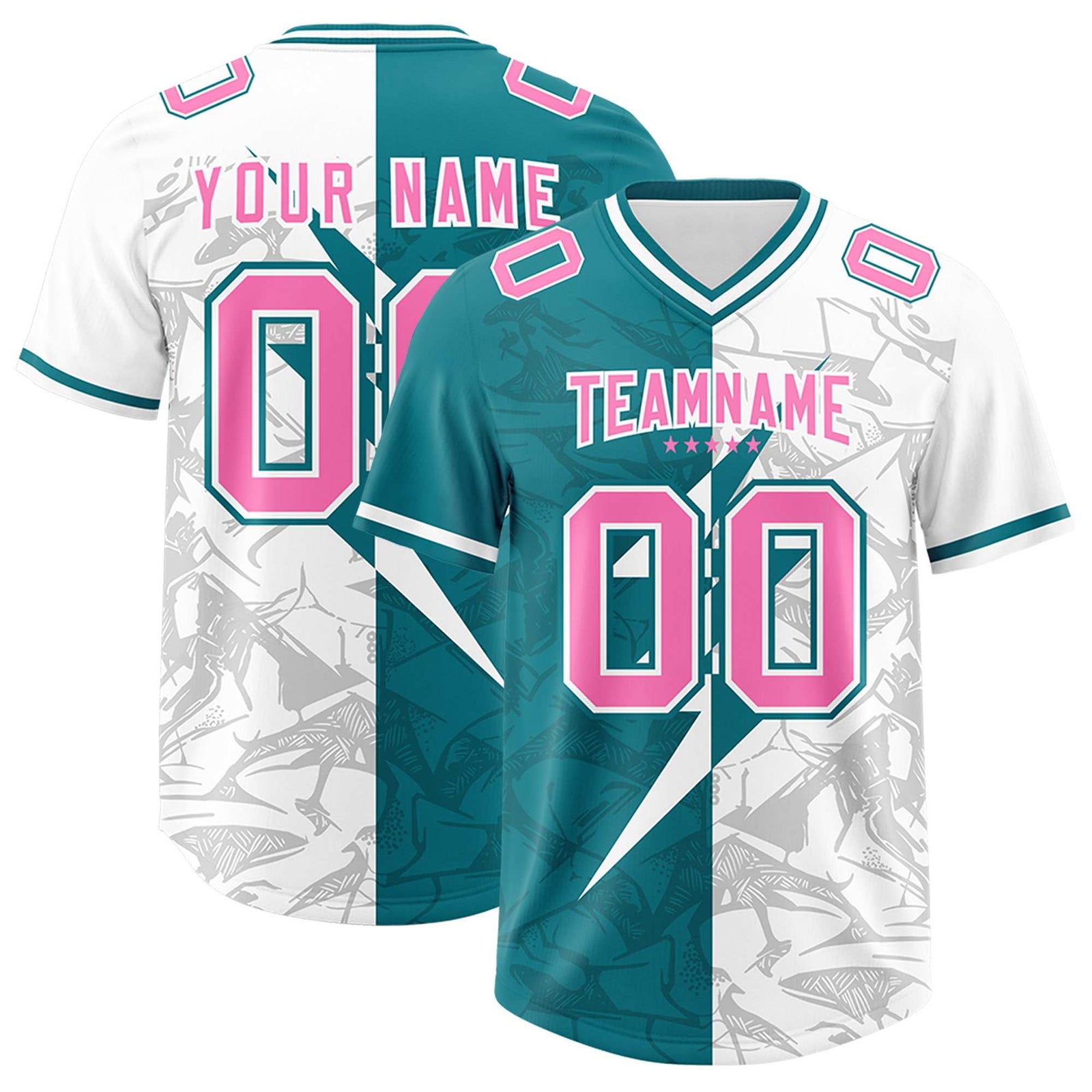 Custom Aqua White Split Personalized Lightning Pattern Football Jersey