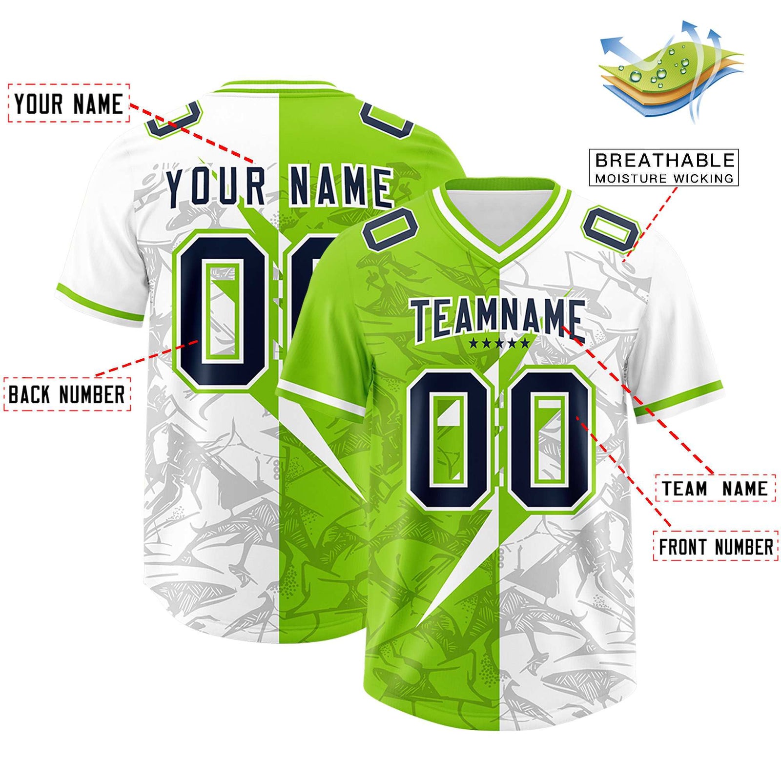 Custom Neon Green White Split Personalized Lightning Pattern Football Jersey