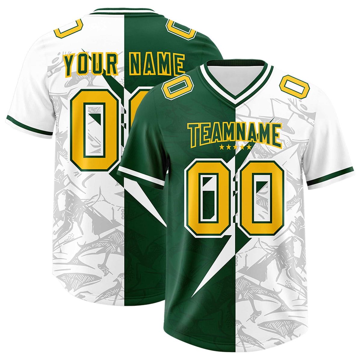 Custom Green White Split Personalized Lightning Pattern Football Jersey