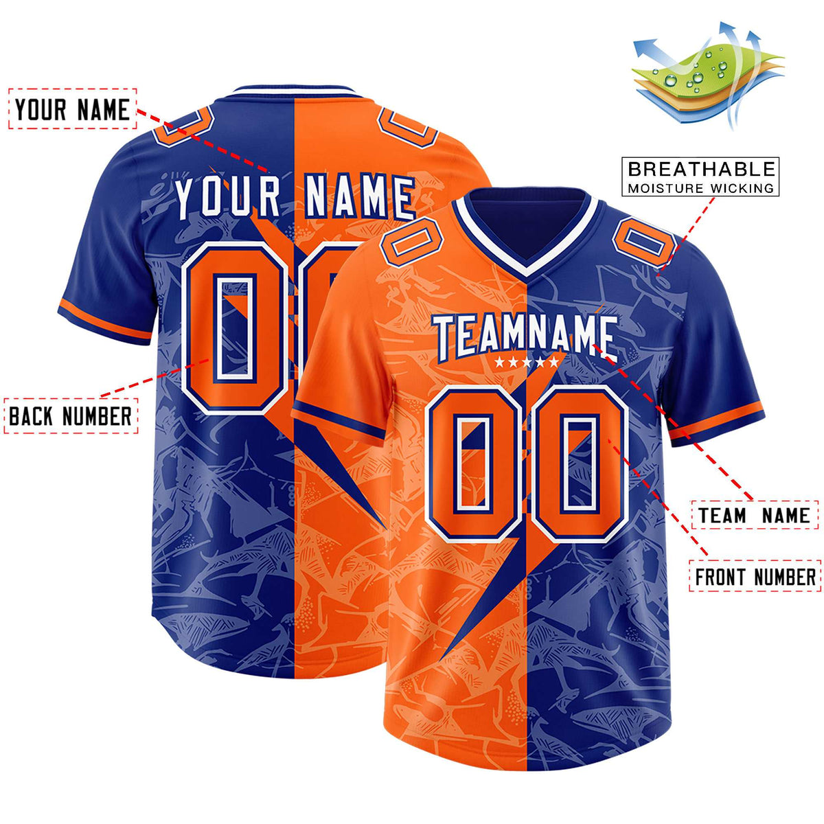 Custom Orange Royal Split Personalized Lightning Pattern Football Jersey