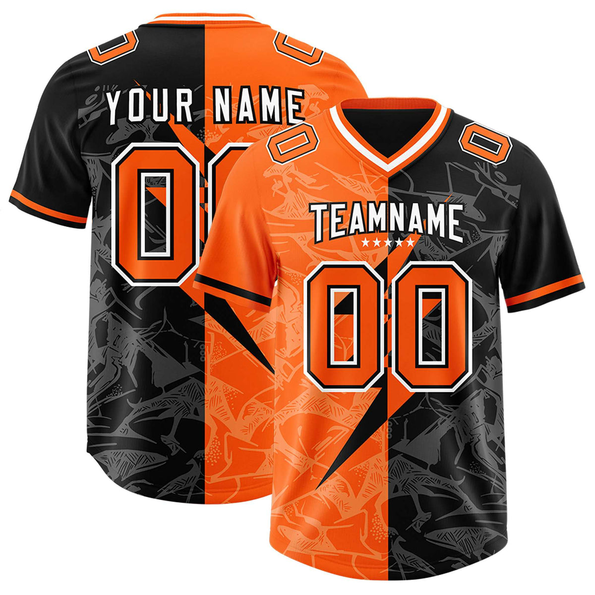 Custom Black Orange Split Personalized Lightning Pattern Football Jersey