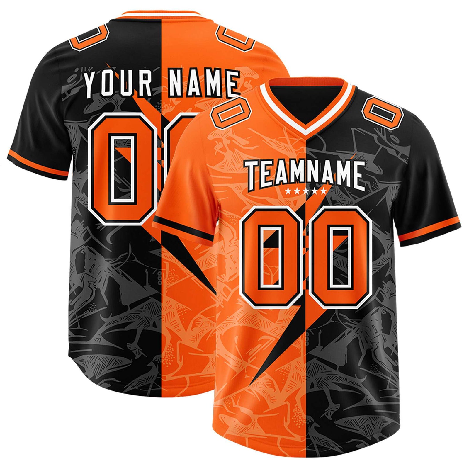 Custom Black Orange Split Personalized Lightning Pattern Football Jersey