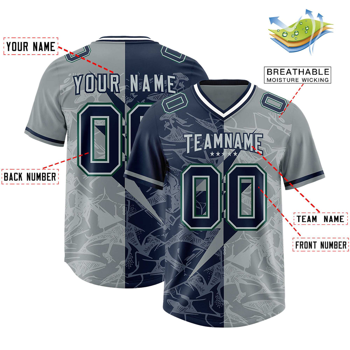 Custom Navy Gray Split Personalized Lightning Pattern Football Jersey