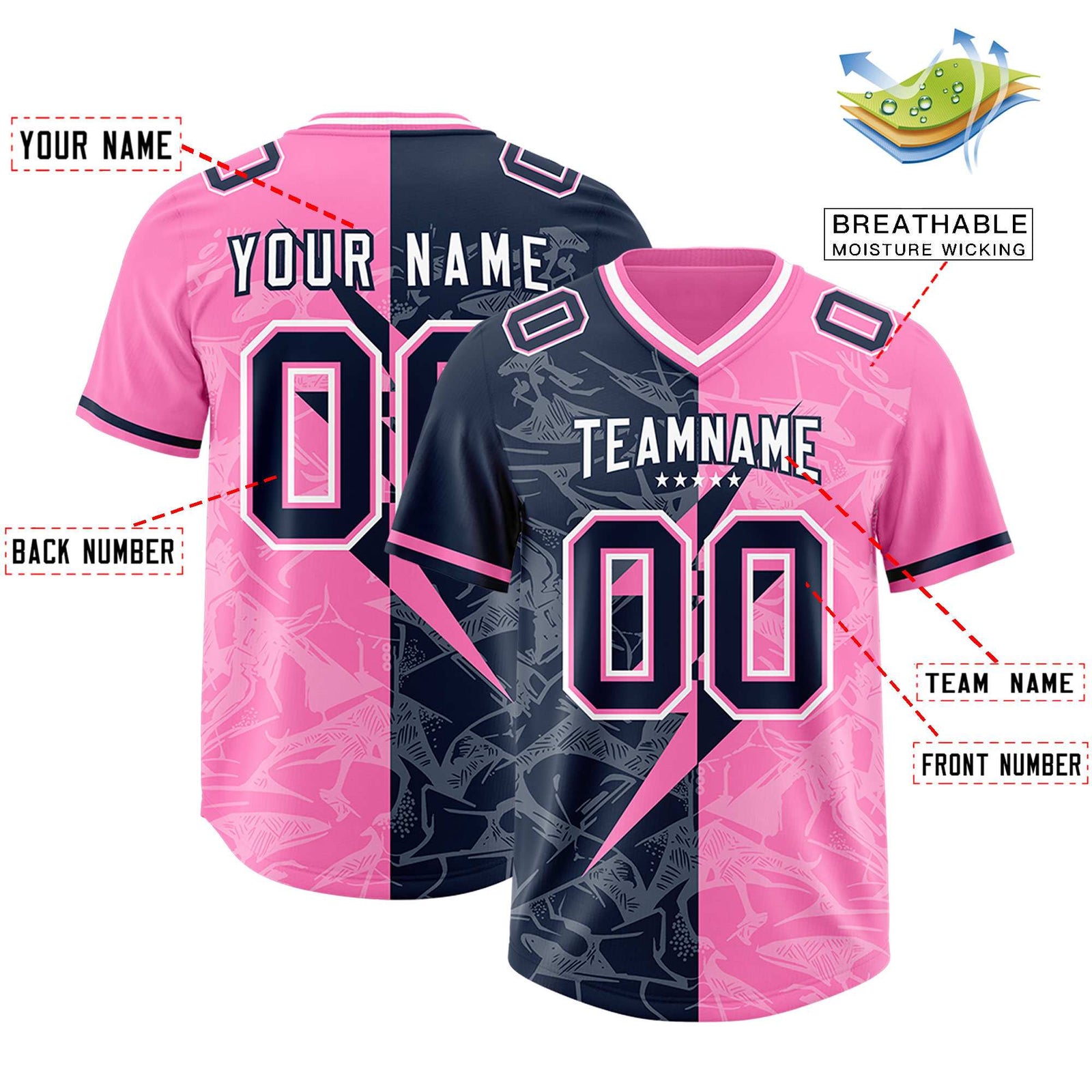 Custom Pink Navy Split Personalized Lightning Pattern Football Jersey