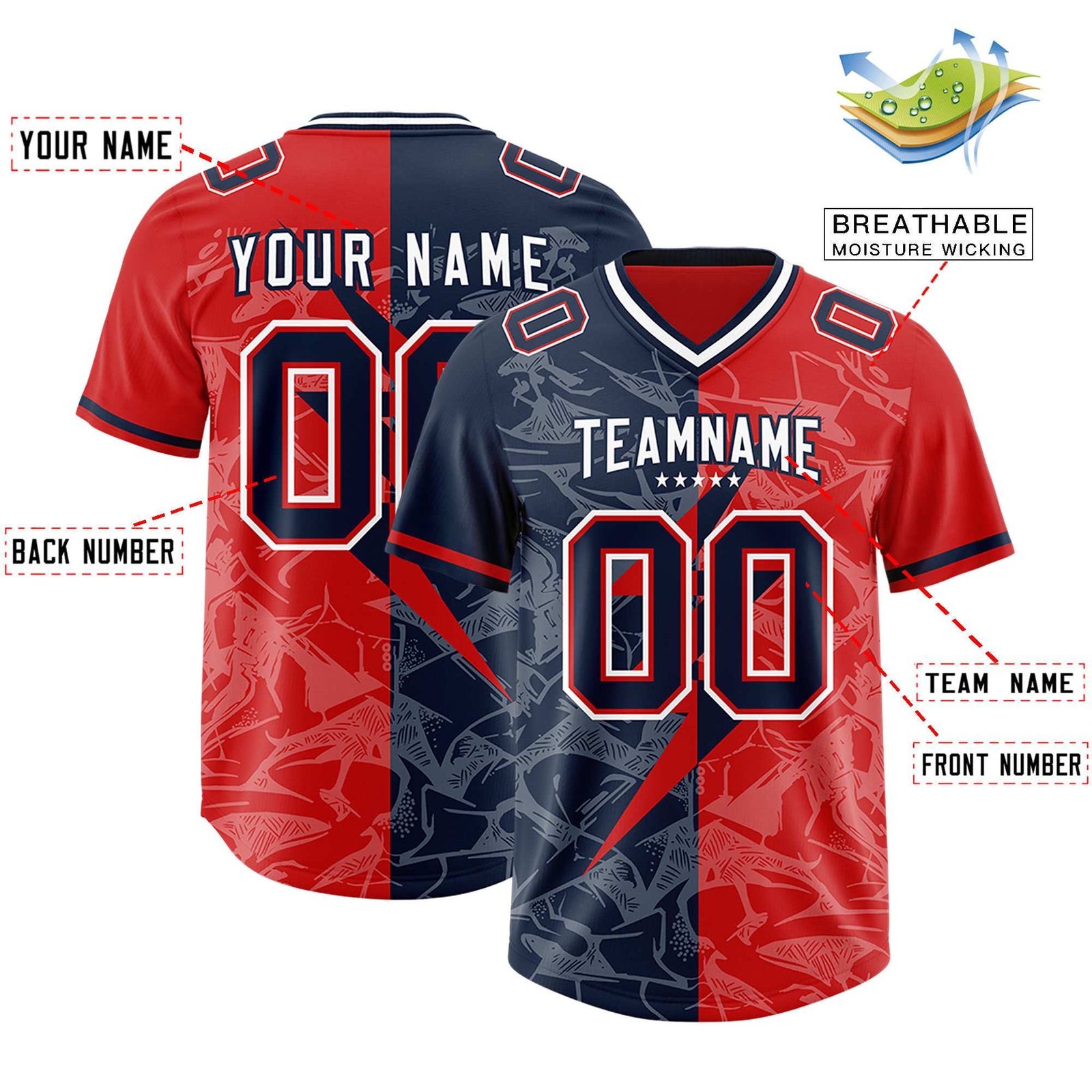 Custom Red Navy Split Personalized Lightning Pattern Football Jersey