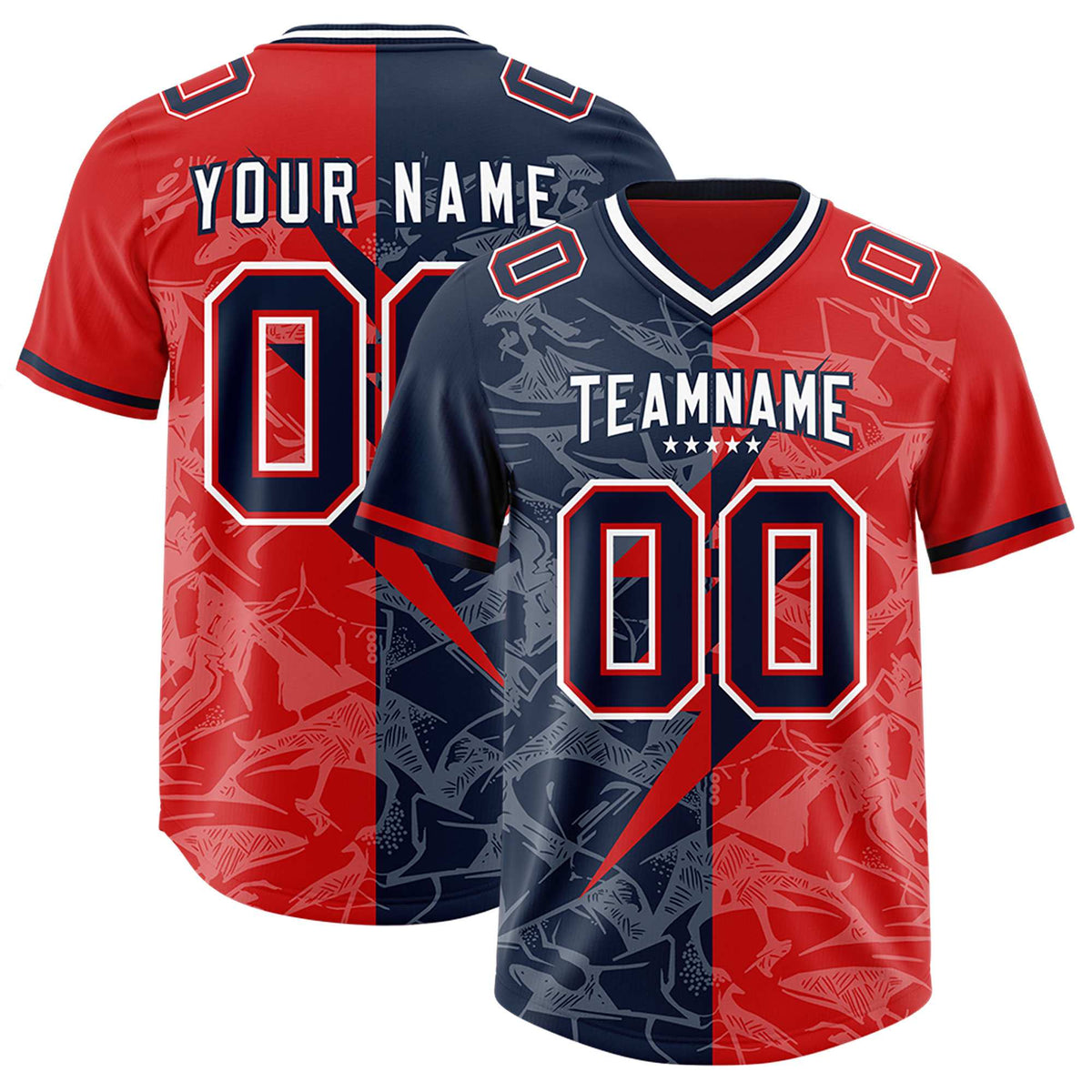 Custom Red Navy Split Personalized Lightning Pattern Football Jersey