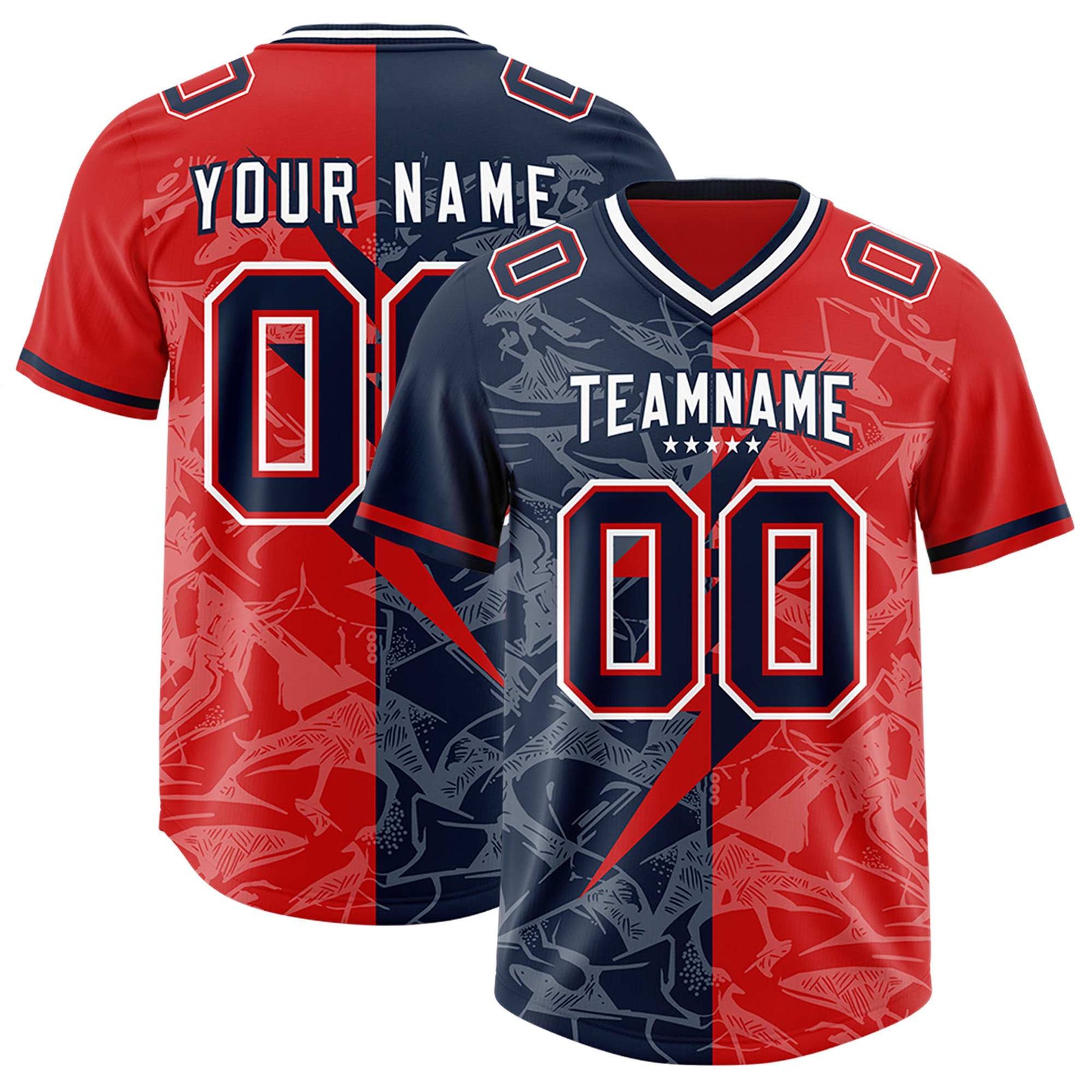 Custom Red Navy Split Personalized Lightning Pattern Football Jersey