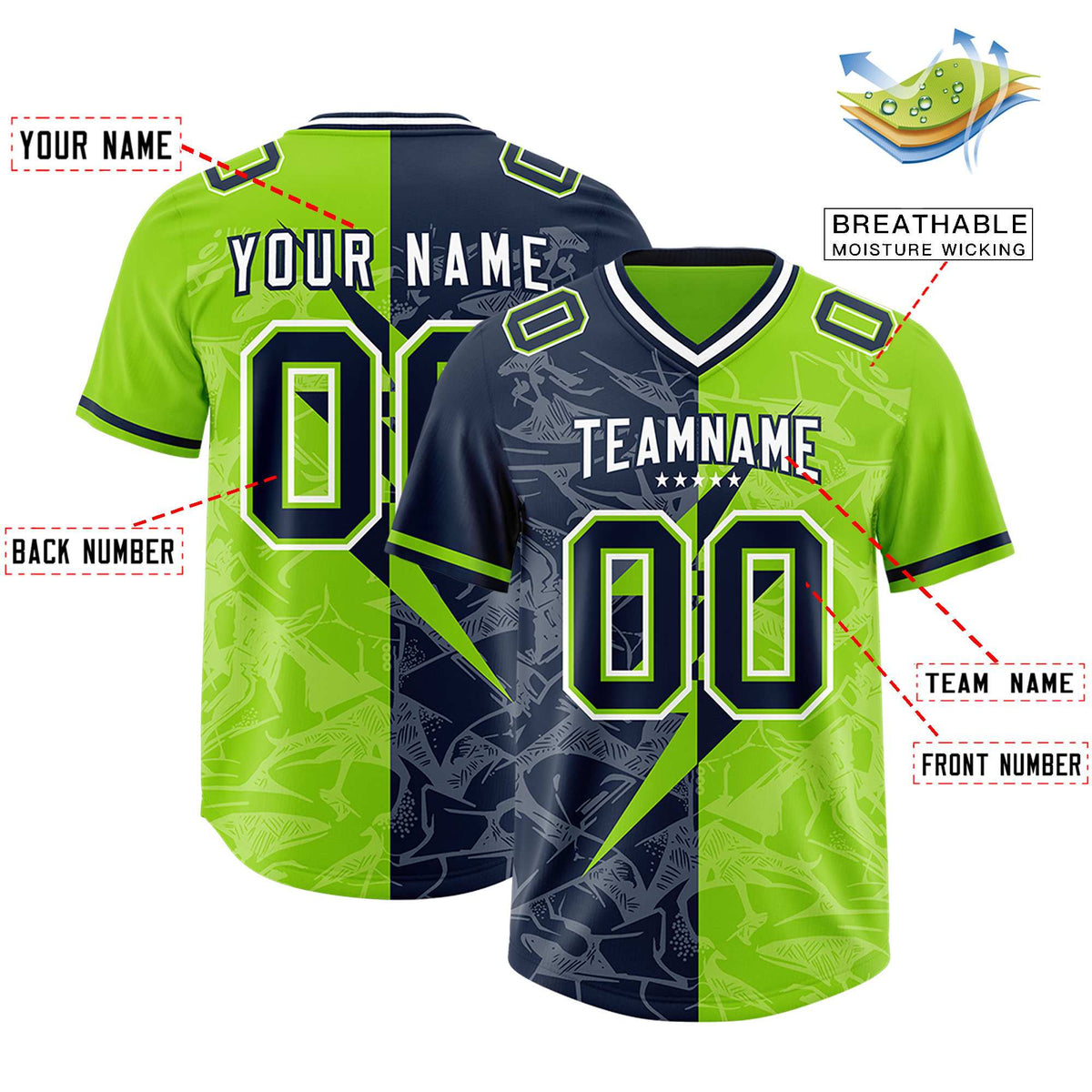 Custom Neon Green Navy Split Personalized Lightning Pattern Football Jersey