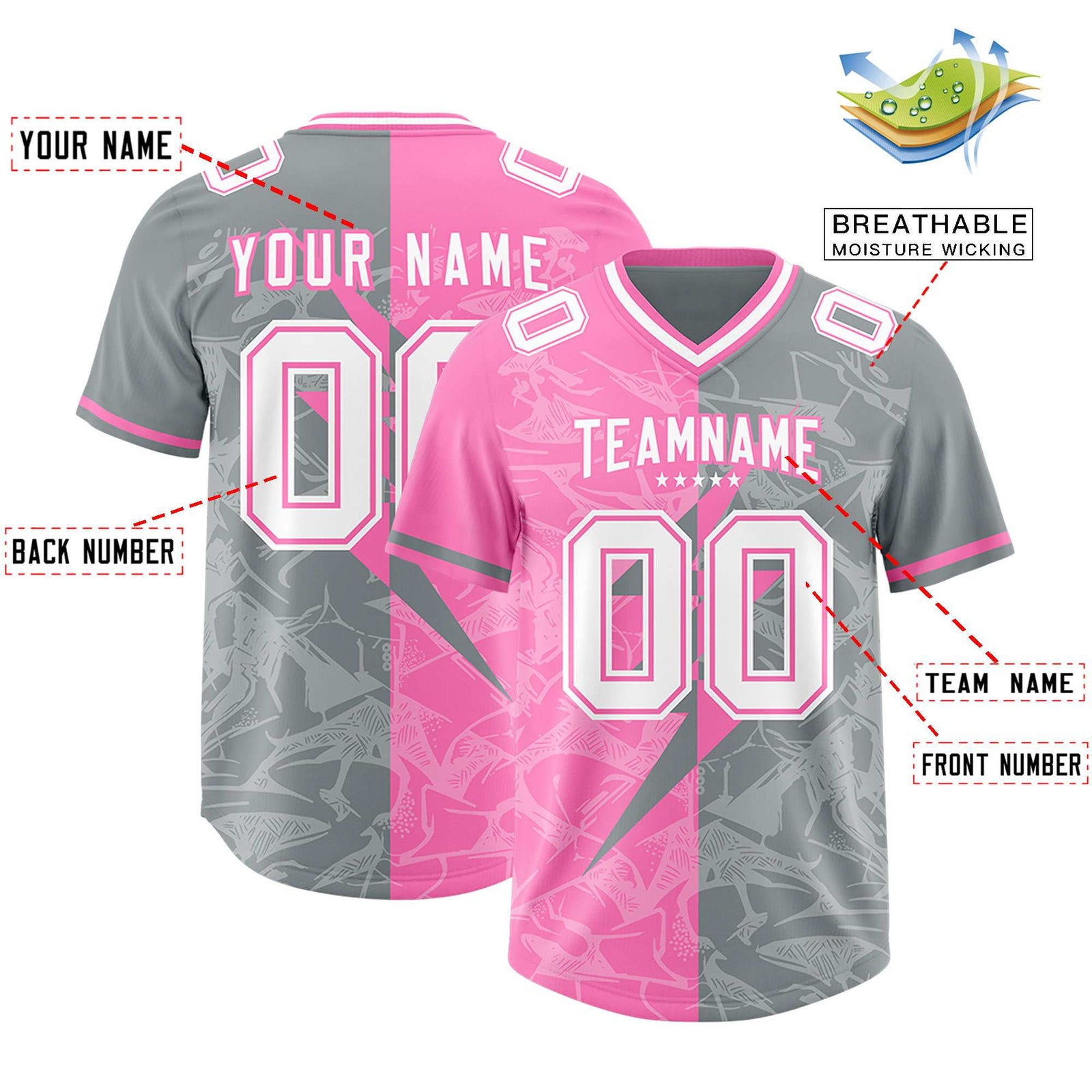 Custom Gray Pink Split Personalized Lightning Pattern Football Jersey