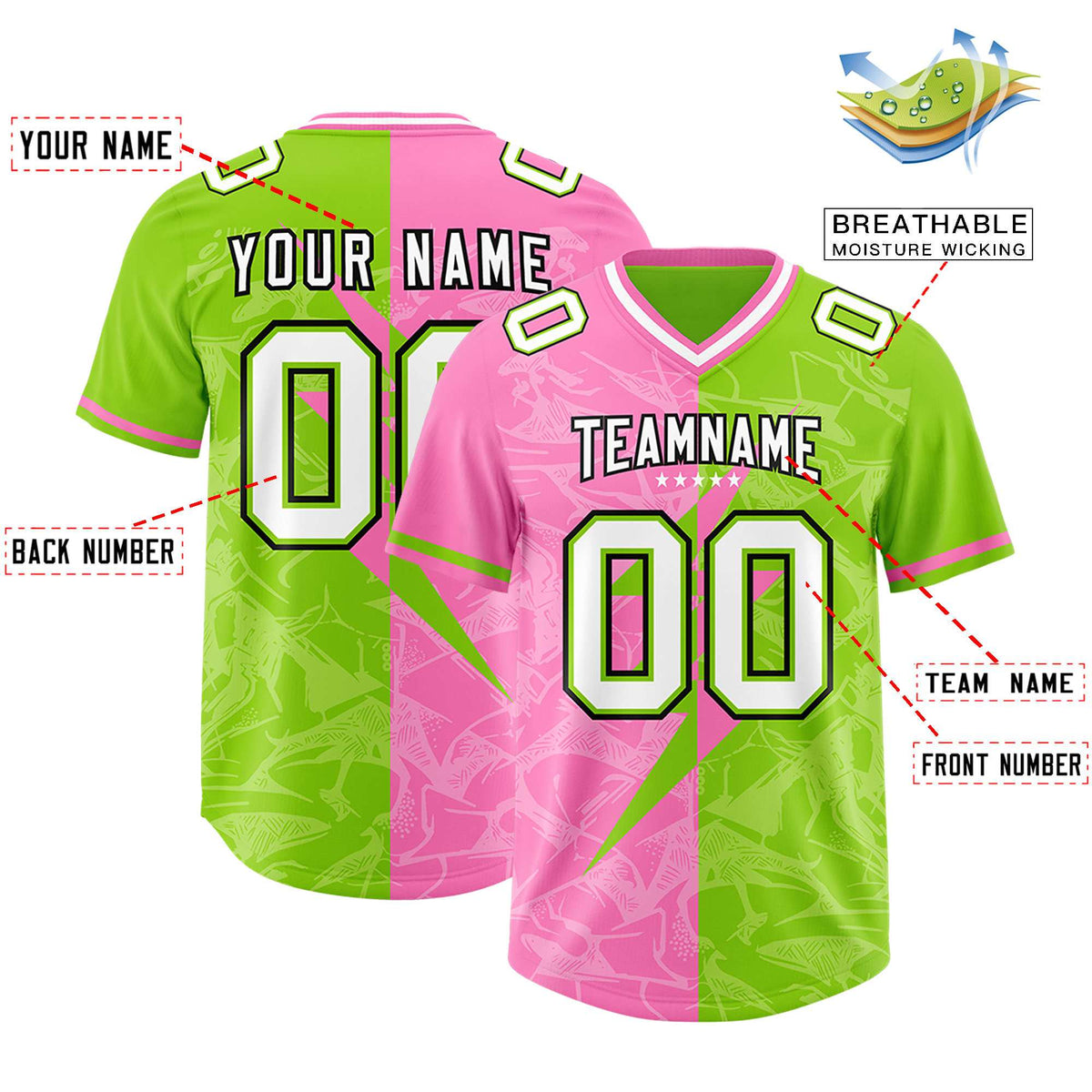 Custom Neon Green Pink Split Personalized Lightning Pattern Football Jersey