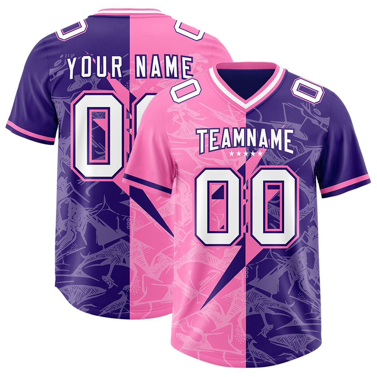 Custom Purple Pink Split Personalized Lightning Pattern Football Jersey