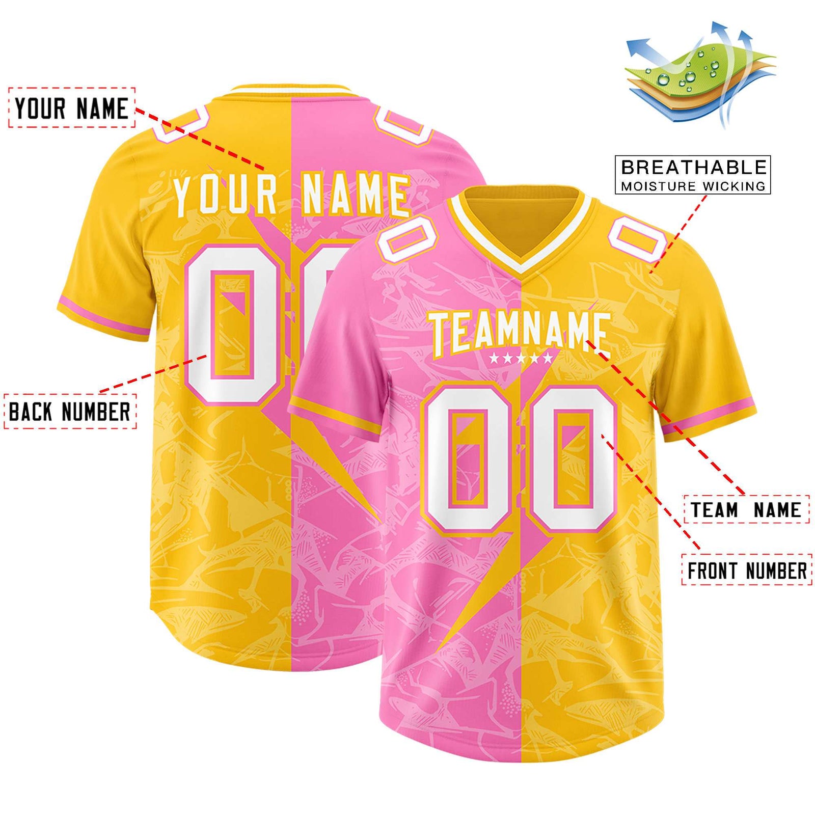 Custom Yellow Pink Split Personalized Lightning Pattern Football Jersey