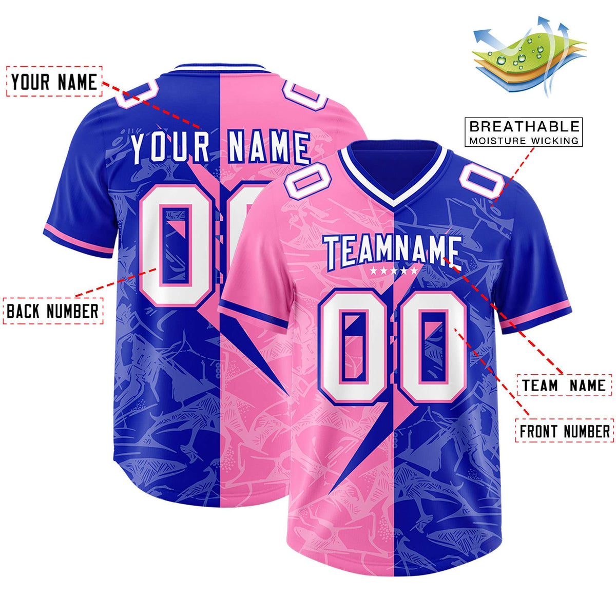 Custom Royal Pink Split Personalized Lightning Pattern Football Jersey