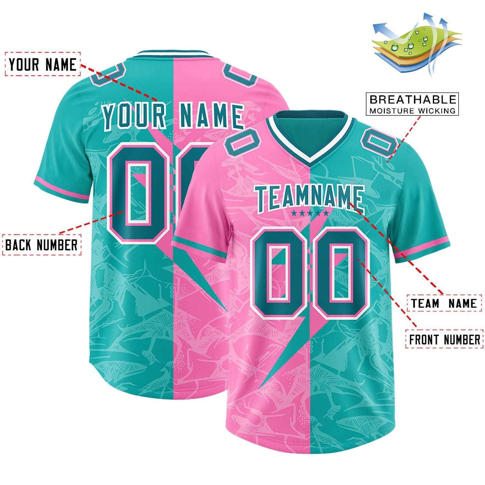 Custom Aqua Pink Split Personalized Lightning Pattern Football Jersey