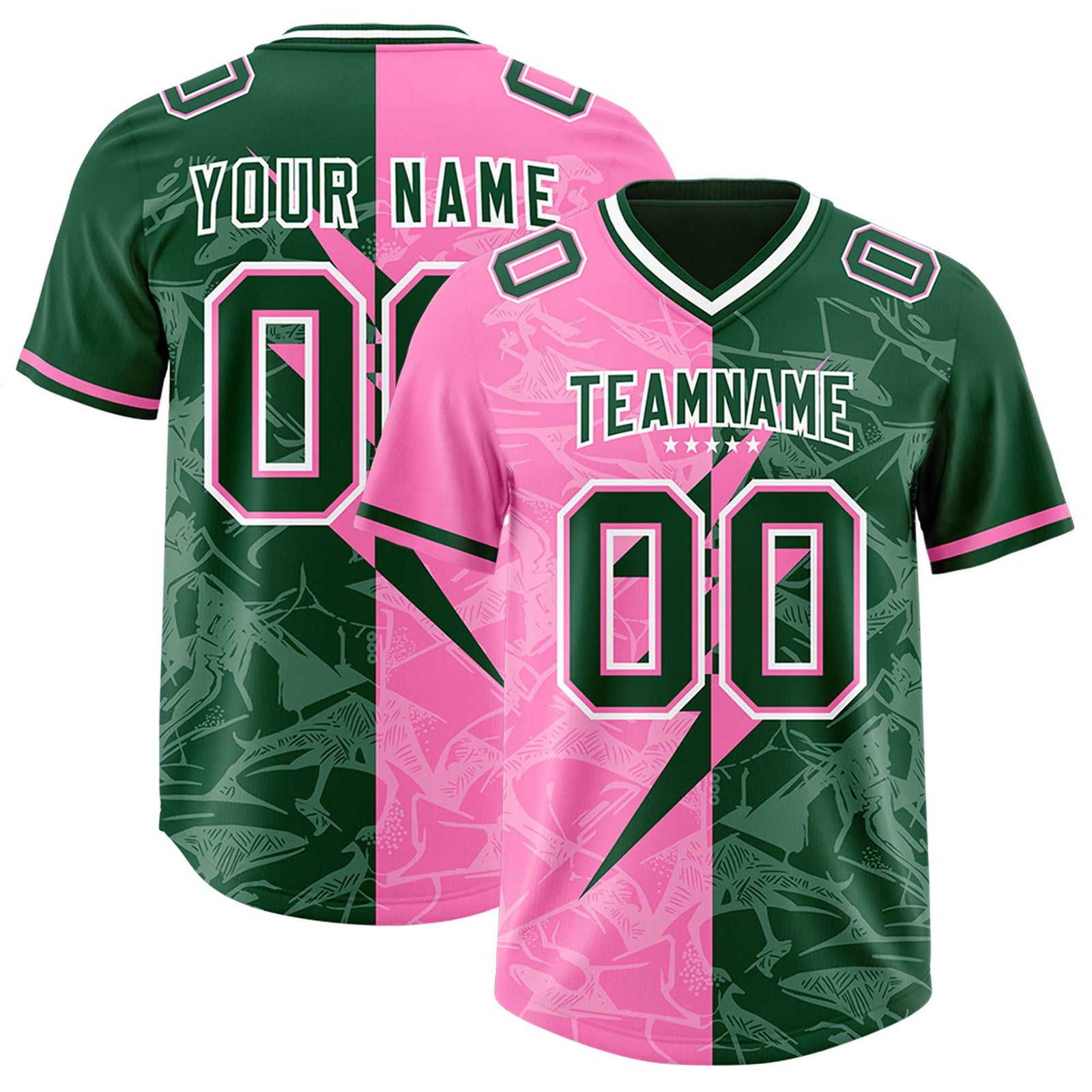 Custom Pink Green Split Personalized Lightning Pattern Football Jersey