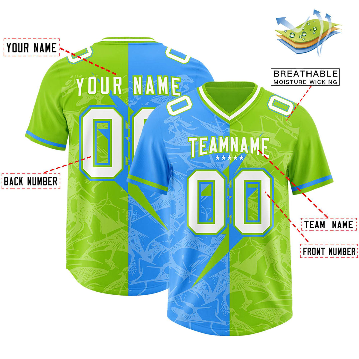 Custom Neon Green Light Blue Split Personalized Lightning Pattern Football Jersey