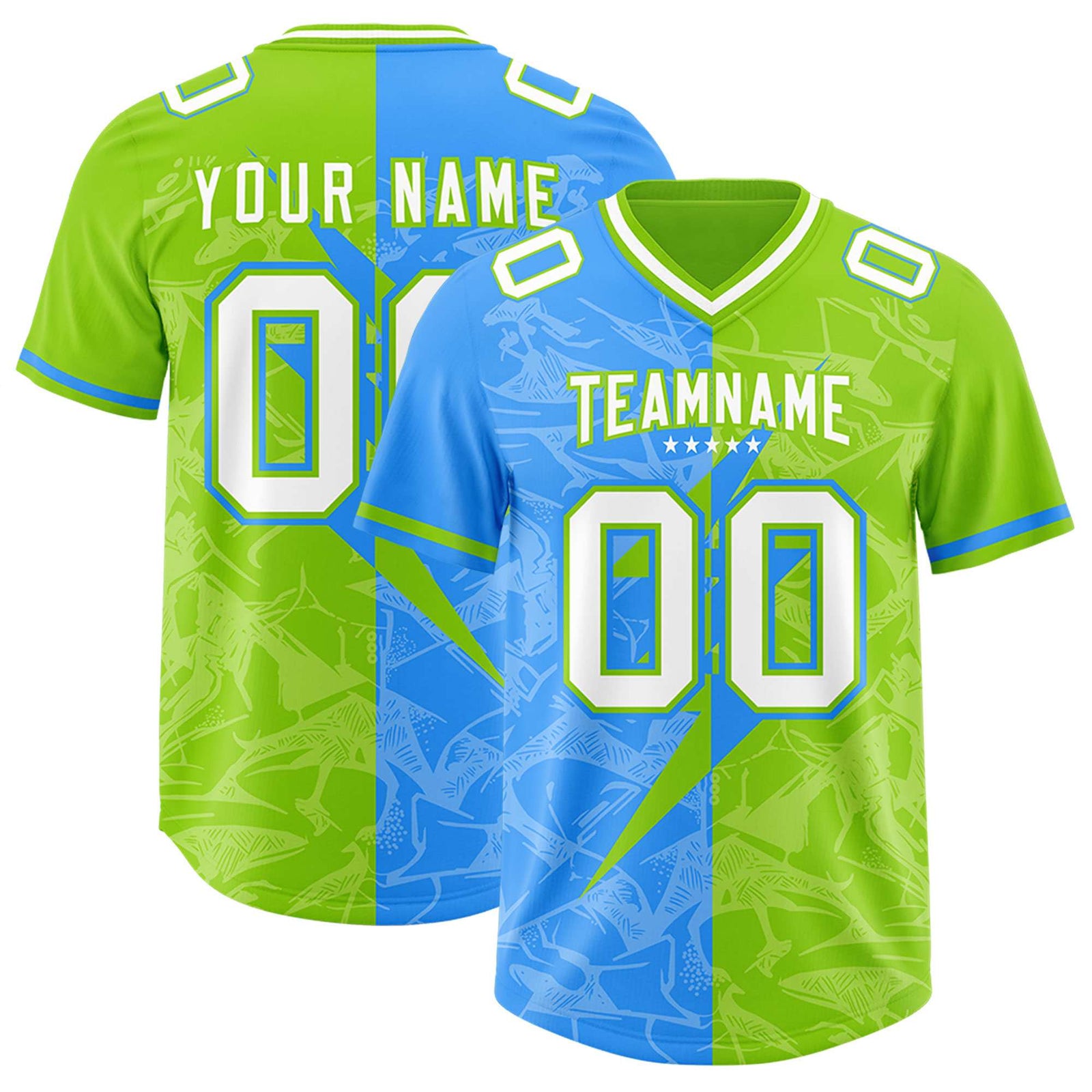 Custom Neon Green Light Blue Split Personalized Lightning Pattern Football Jersey