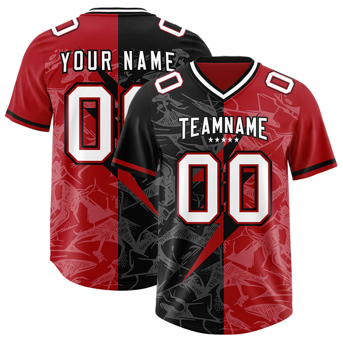 Custom Black Red Split Personalized Lightning Pattern Football Jersey