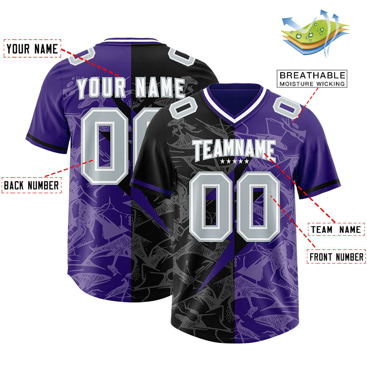 Custom Purple Black Split Personalized Lightning Pattern Football Jersey