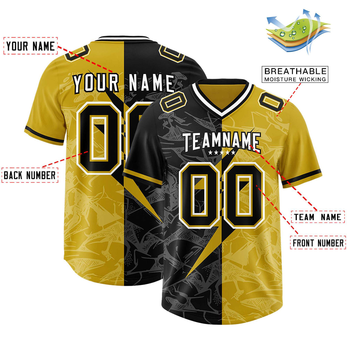 Custom Old Gold Black Split Personalized Lightning Pattern Football Jersey