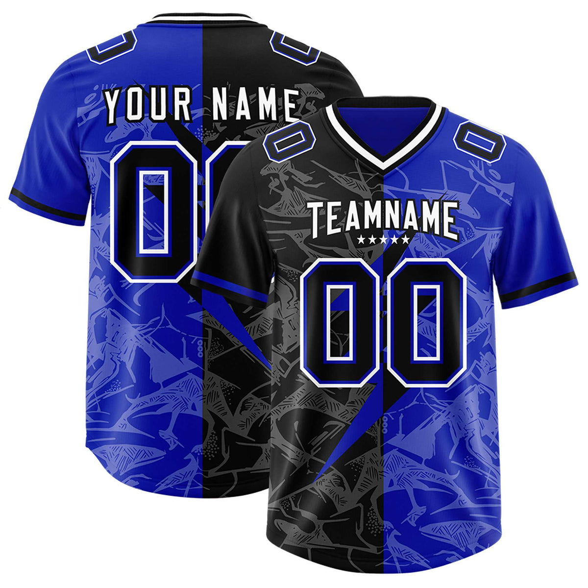 Custom Royal Black Split Personalized Lightning Pattern Football Jersey