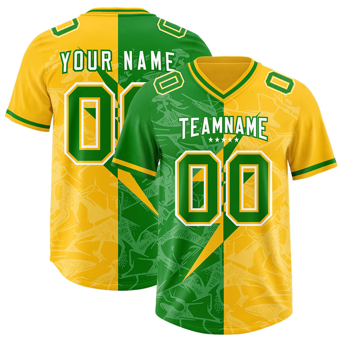 Custom Kelly Green Yellow Split Personalized Lightning Pattern Football Jersey