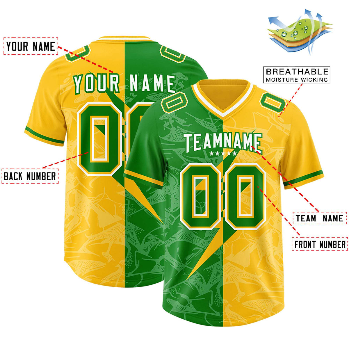 Custom Kelly Green Yellow Split Personalized Lightning Pattern Football Jersey