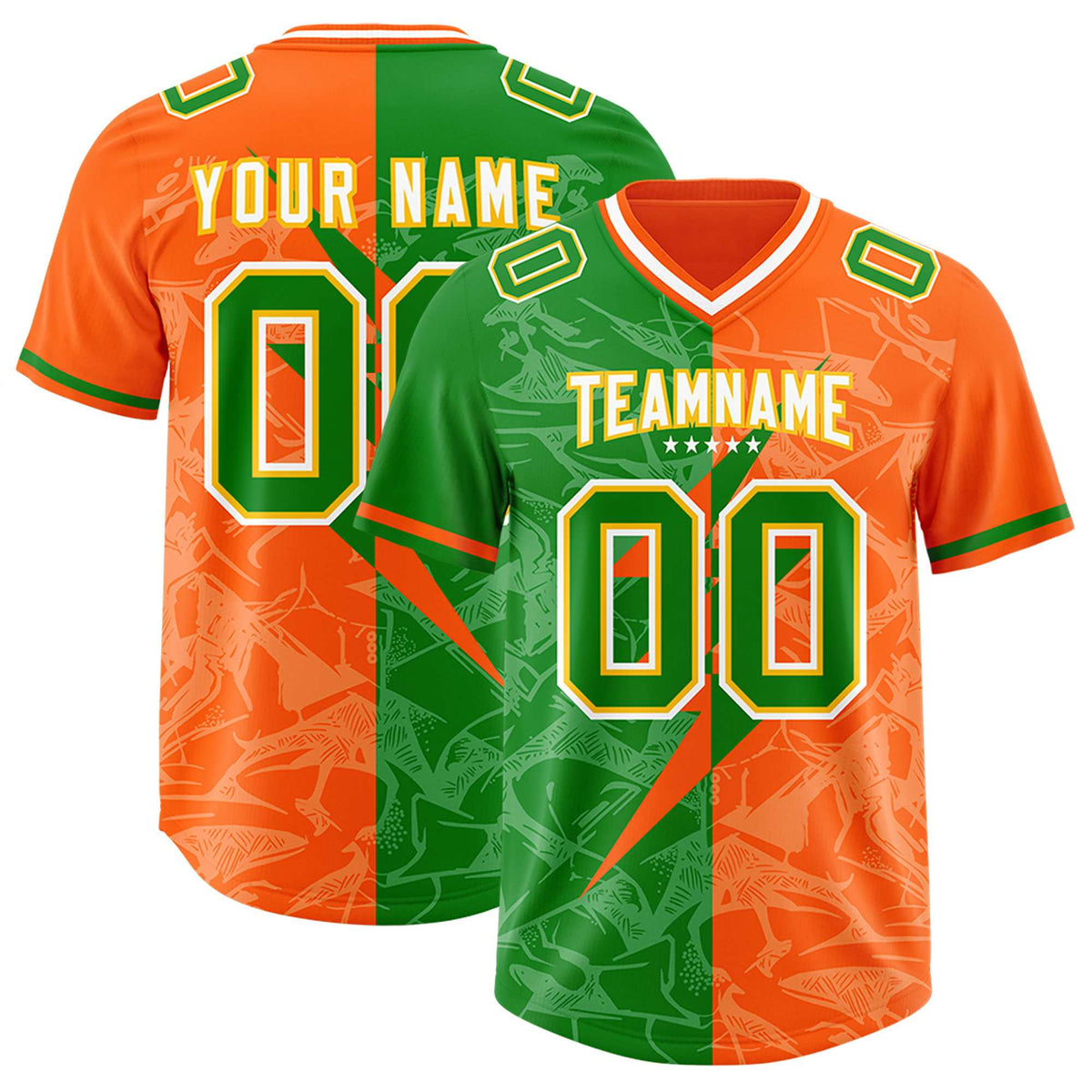 Custom Orange Kelly Green Split Personalized Lightning Pattern Football Jersey
