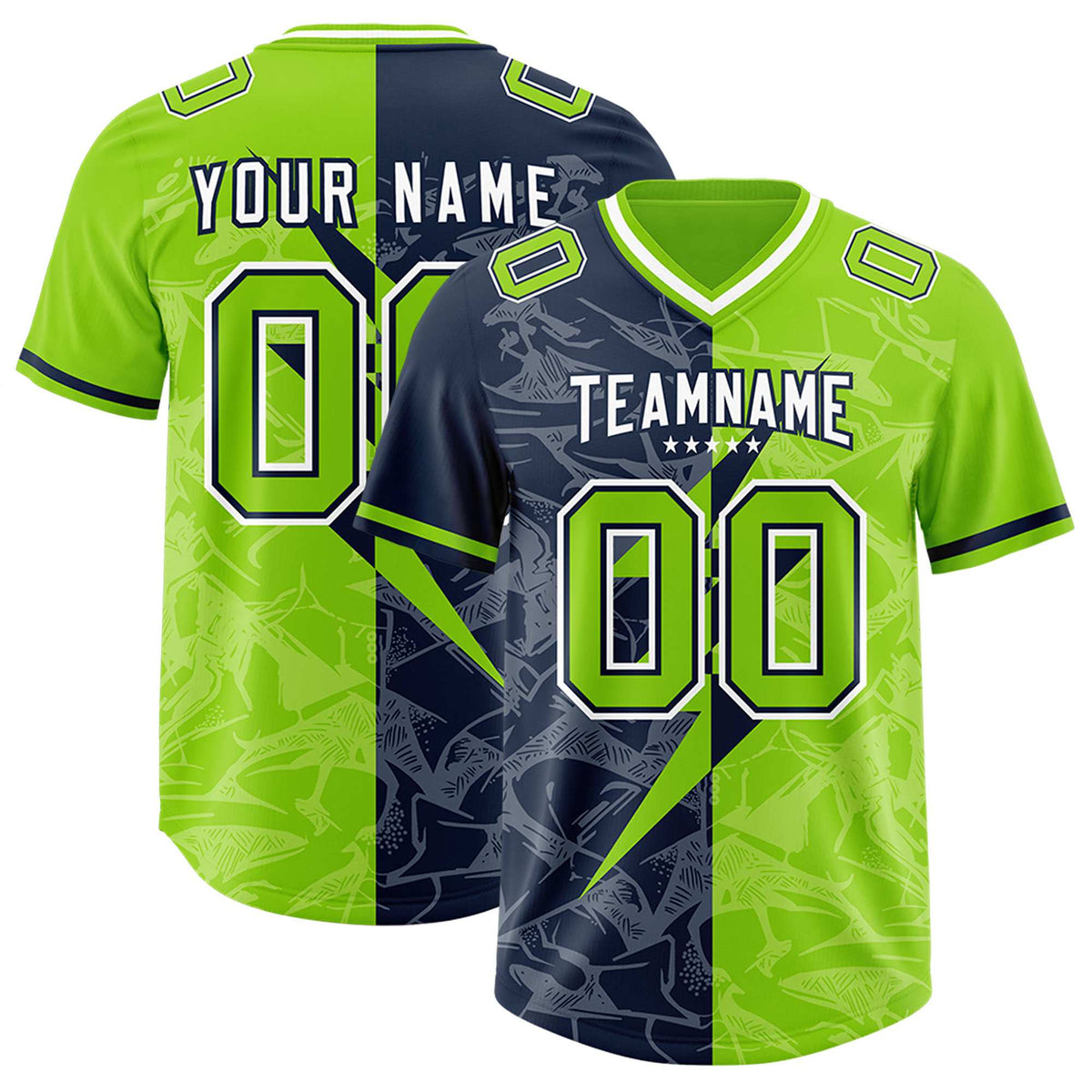 Custom Neon Green Navy Split Personalized Lightning Pattern Football Jersey
