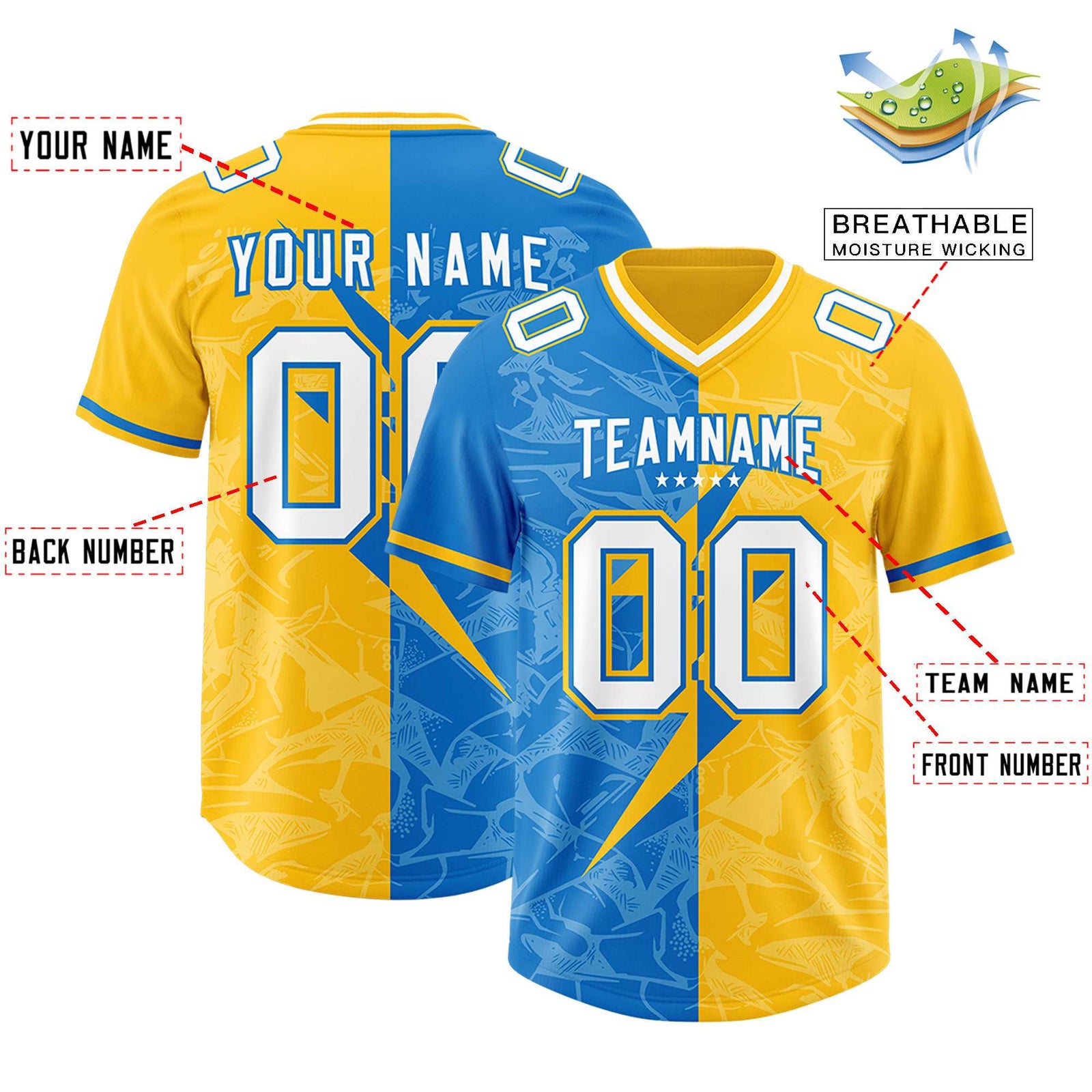 Custom Panther Blue Yellow Split Personalized Lightning Pattern Football Jersey
