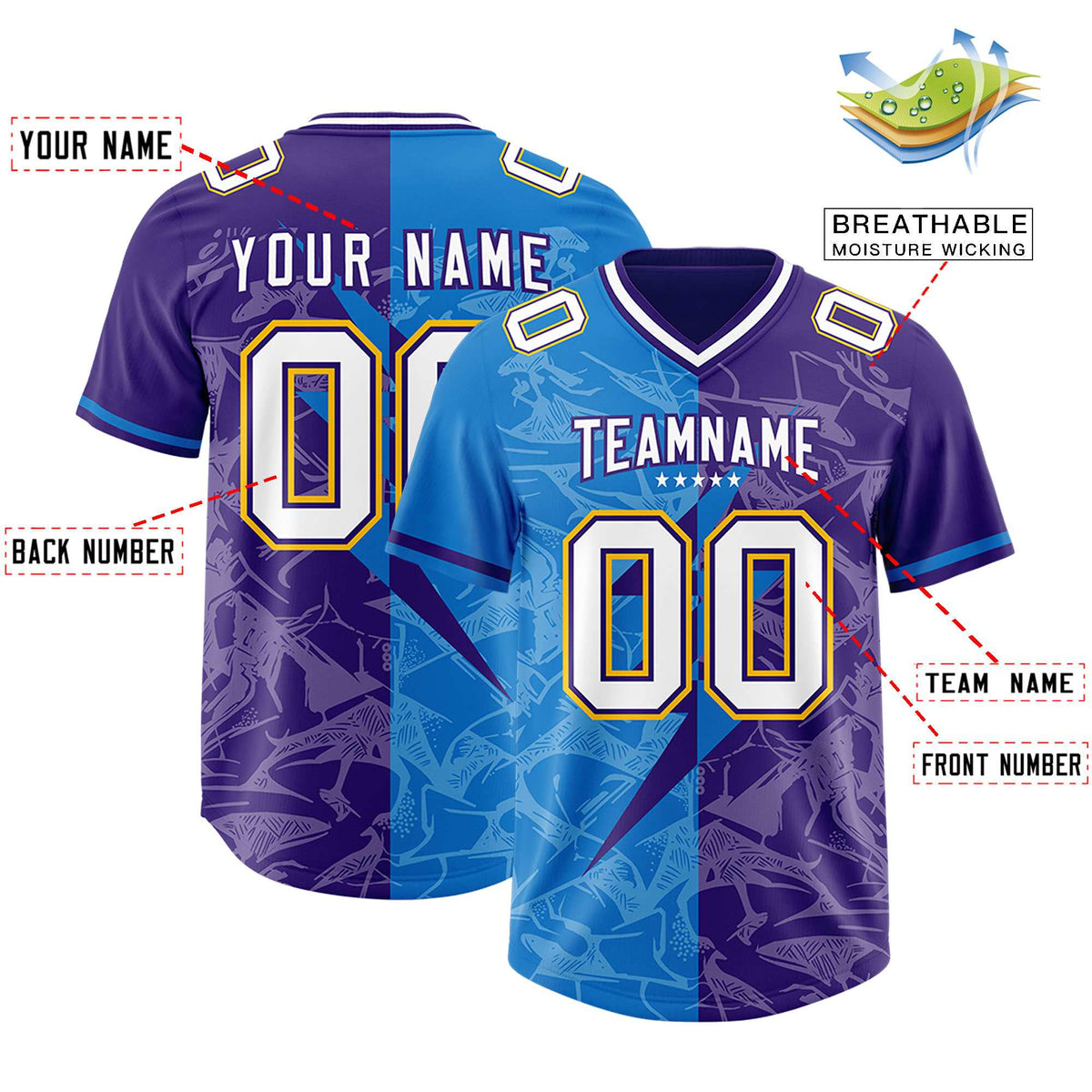 Custom Panther Blue Purple Split Personalized Lightning Pattern Football Jersey