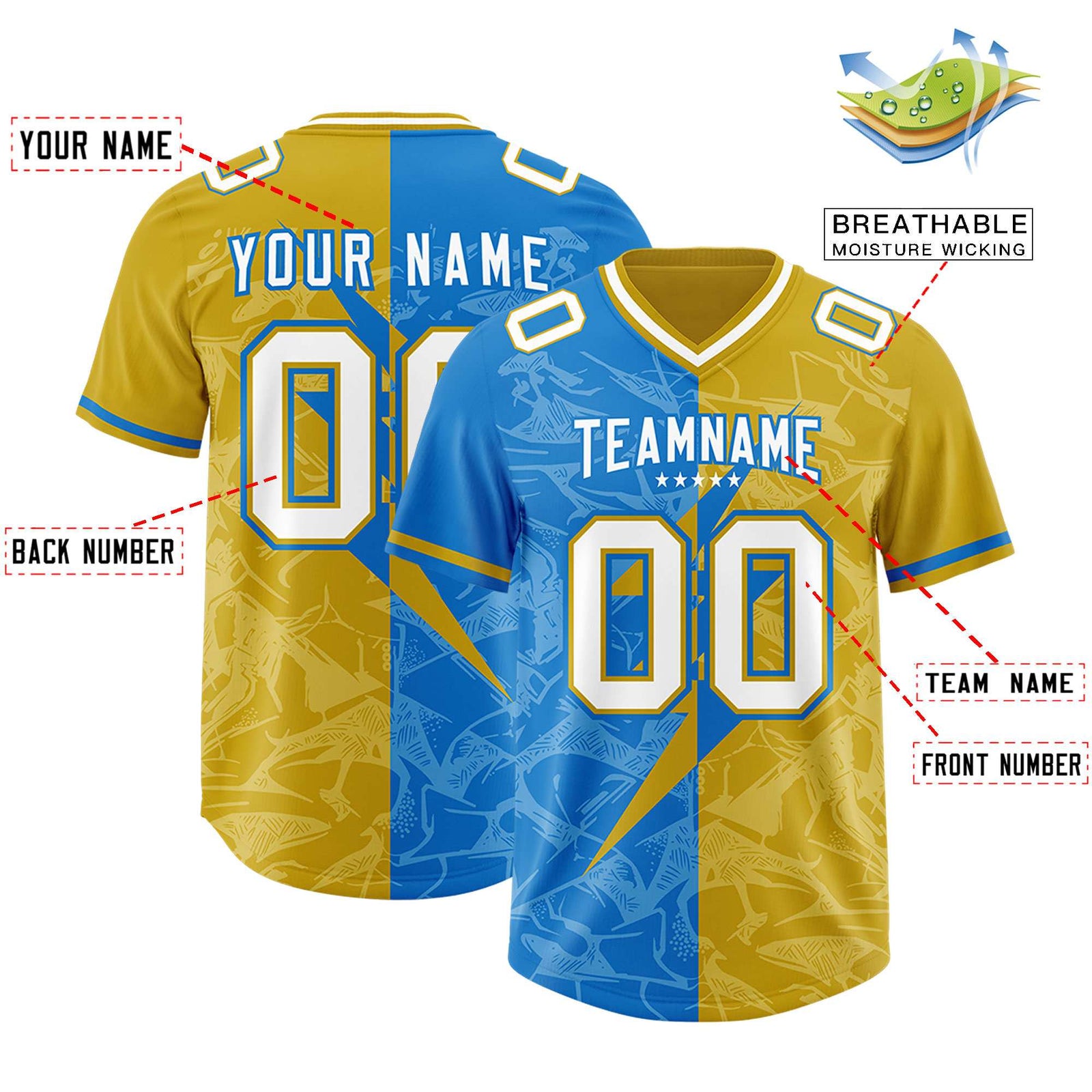 Custom Panther Blue Old Gold Split Personalized Lightning Pattern Football Jersey