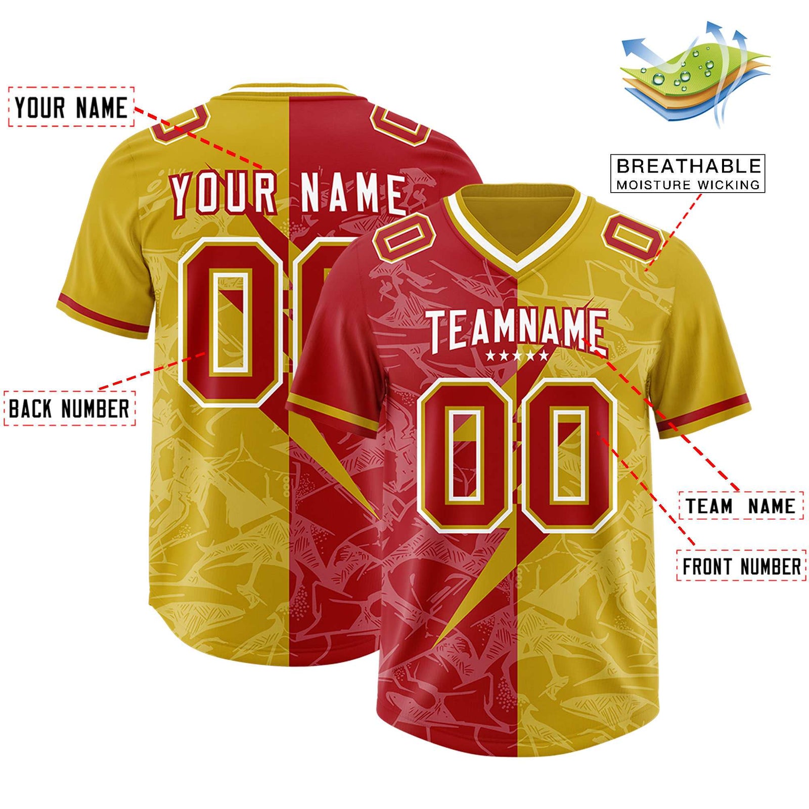 Custom Old Gold Red Split Personalized Lightning Pattern Football Jersey