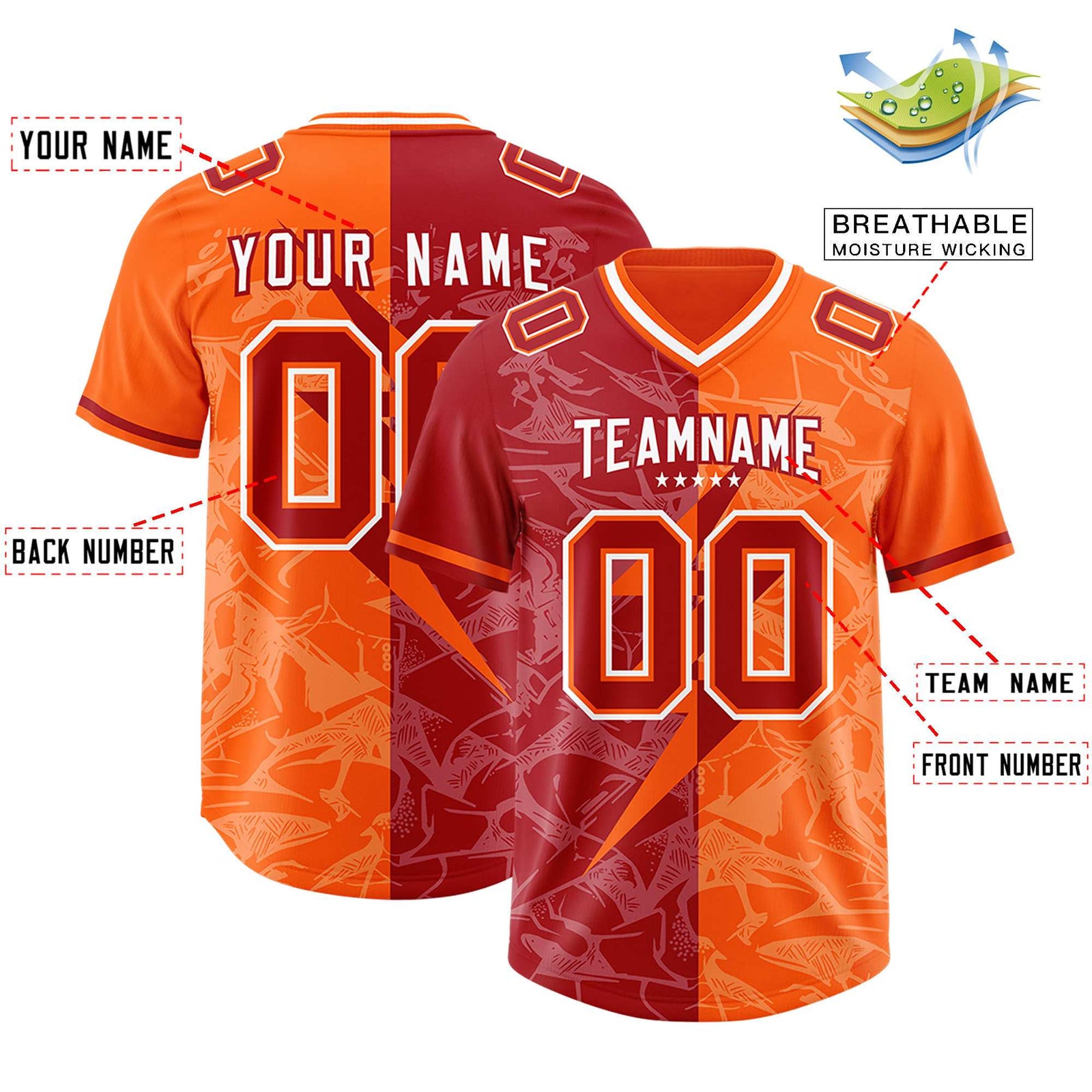 Custom Red Orange Split Personalized Lightning Pattern Football Jersey