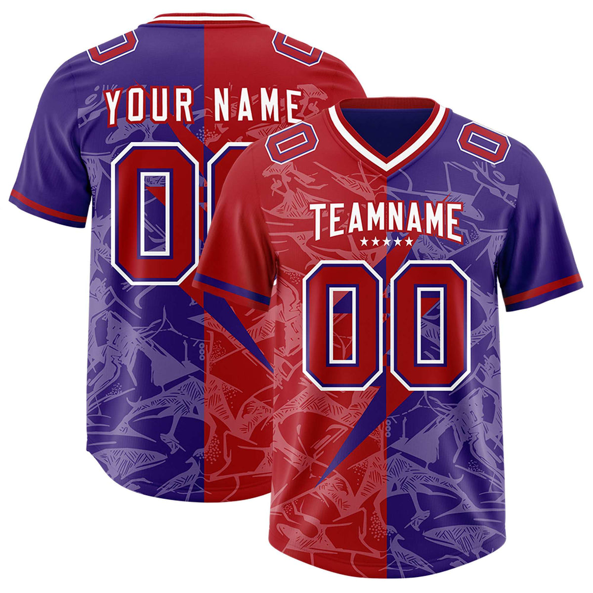 Custom Red Purple Split Personalized Lightning Pattern Football Jersey