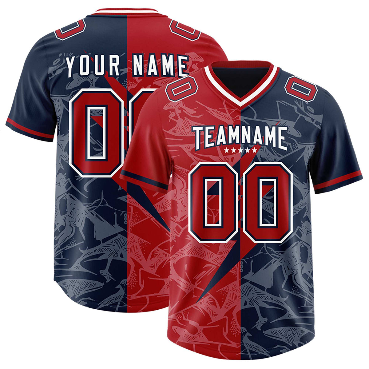 Custom Navy Red Split Personalized Lightning Pattern Football Jersey