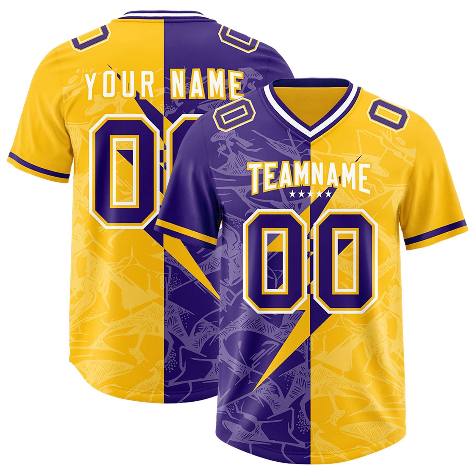 Custom Yellow Purple Split Personalized Lightning Pattern Football Jersey