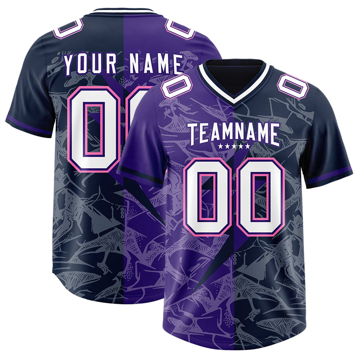 Custom Navy Purple Split Personalized Lightning Pattern Football Jersey