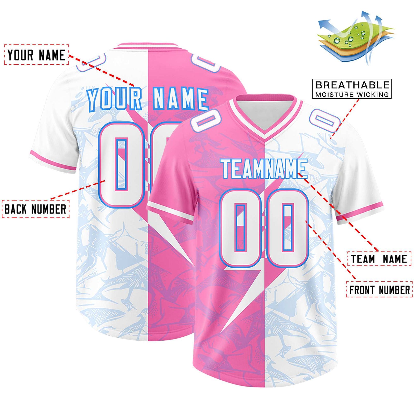 Custom White Pink Split Personalized Lightning Pattern Football Jersey