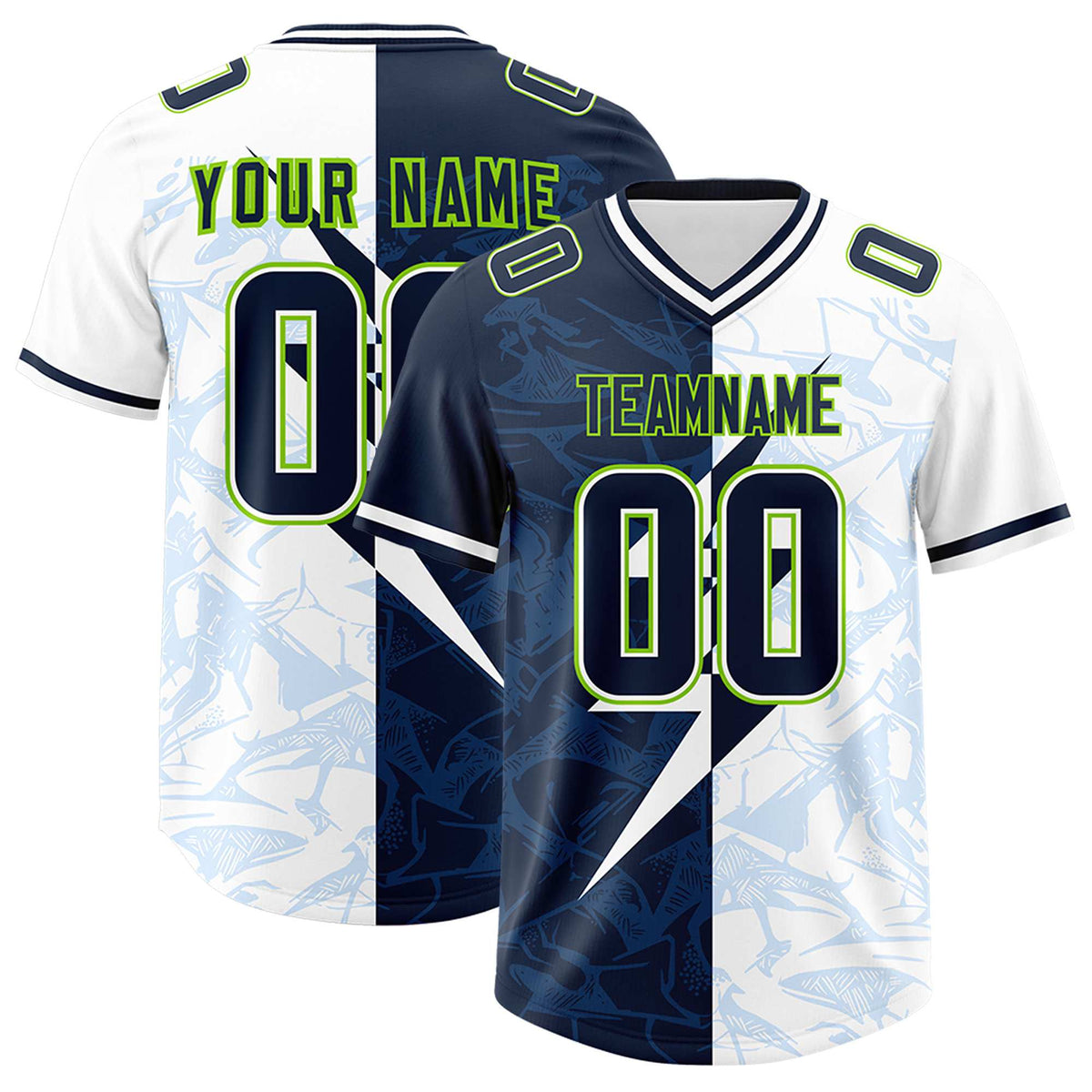 Custom White Navy Split Personalized Lightning Pattern Football Jersey