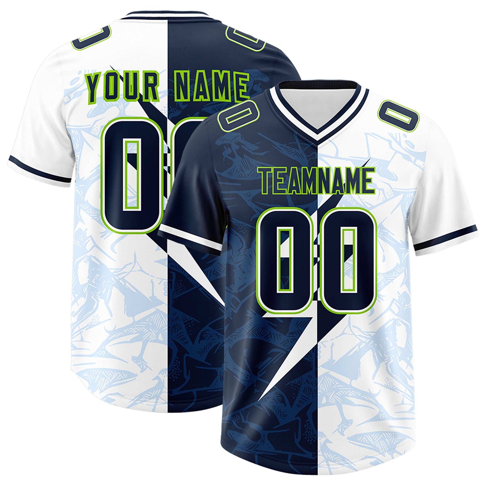 Custom White Navy Split Personalized Lightning Pattern Football Jersey