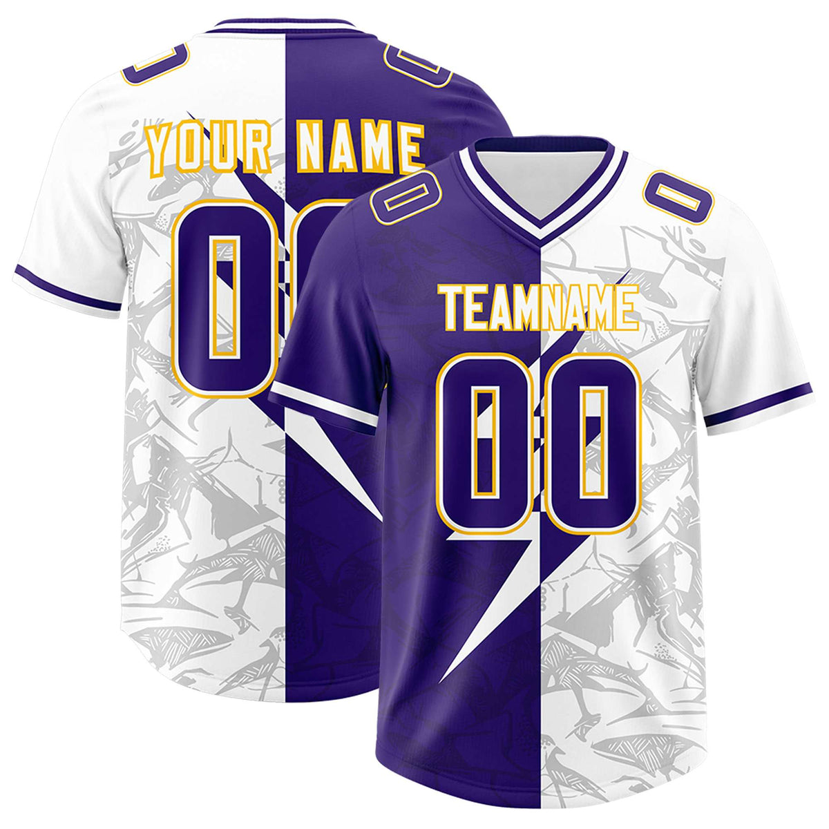 Custom Purple White Split Personalized Lightning Pattern Football Jersey