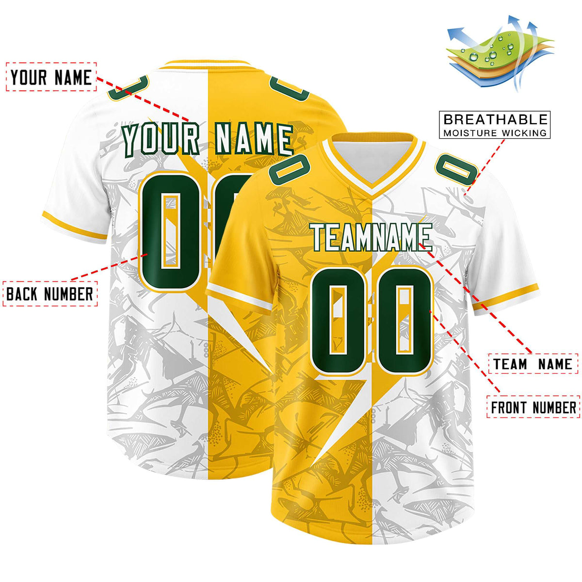 Custom Yellow White Split Personalized Lightning Pattern Football Jersey