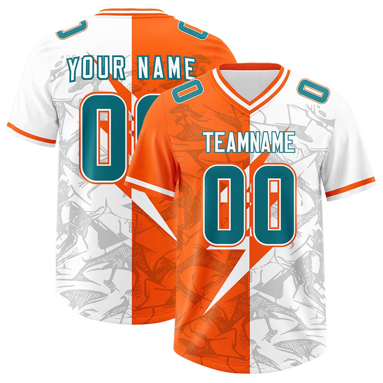 Custom Orange White Split Personalized Lightning Pattern Football Jersey