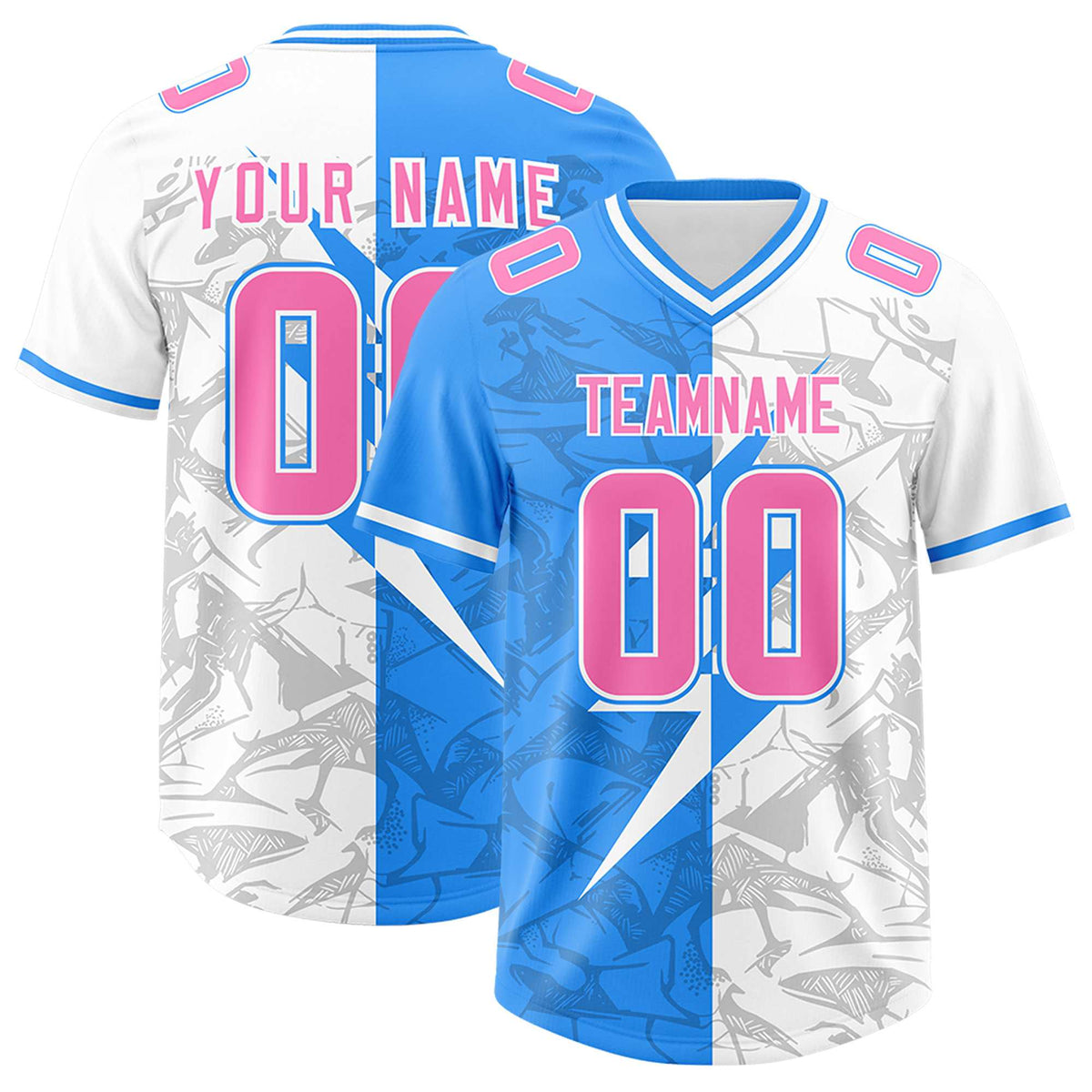 Custom Light Blue White Split Personalized Lightning Pattern Football Jersey
