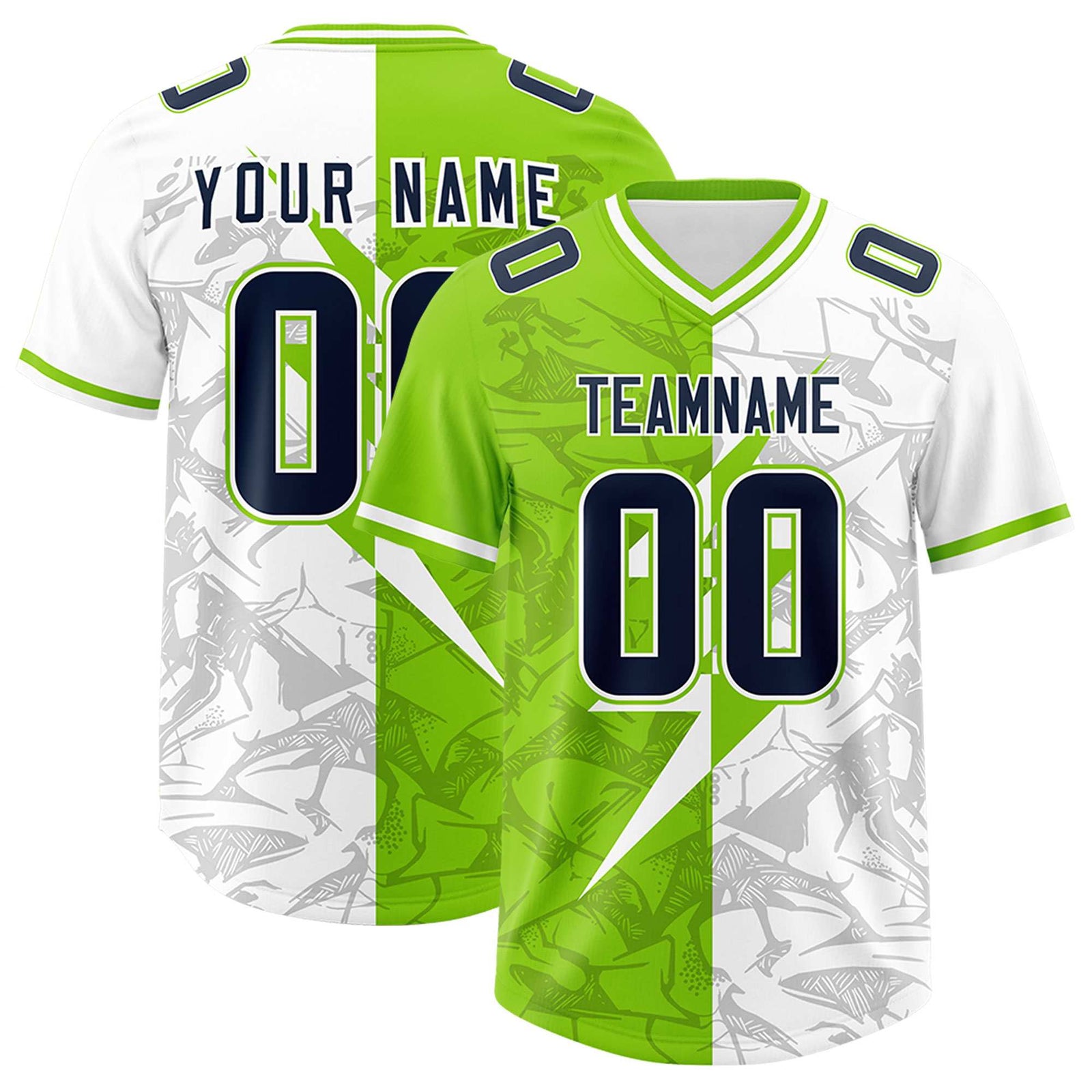 Custom Neon Green White Split Personalized Lightning Pattern Football Jersey